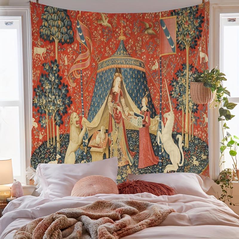 Medieval Lady & Unicorn Tapestry - European Royal-Inspired Wall Hanging For Living Room, Bedroom Decor - Polyester, Indoor Use