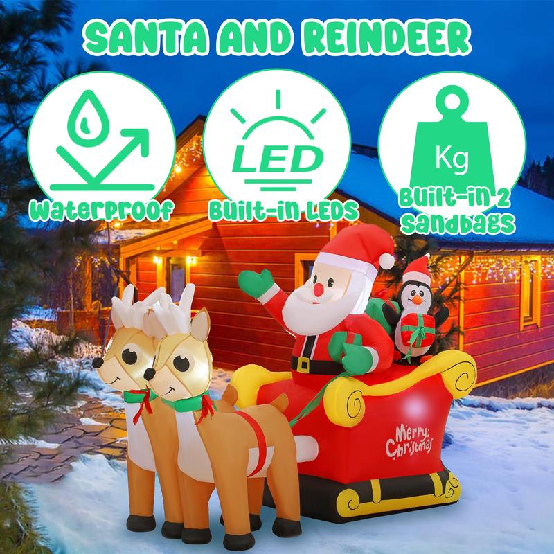 SUNGIFT Christmas Inflatable Santa Sleigh and Reindeer with Build-in LED for Xmas Party Yard Garden Lawn Décor Ornaments Decoration