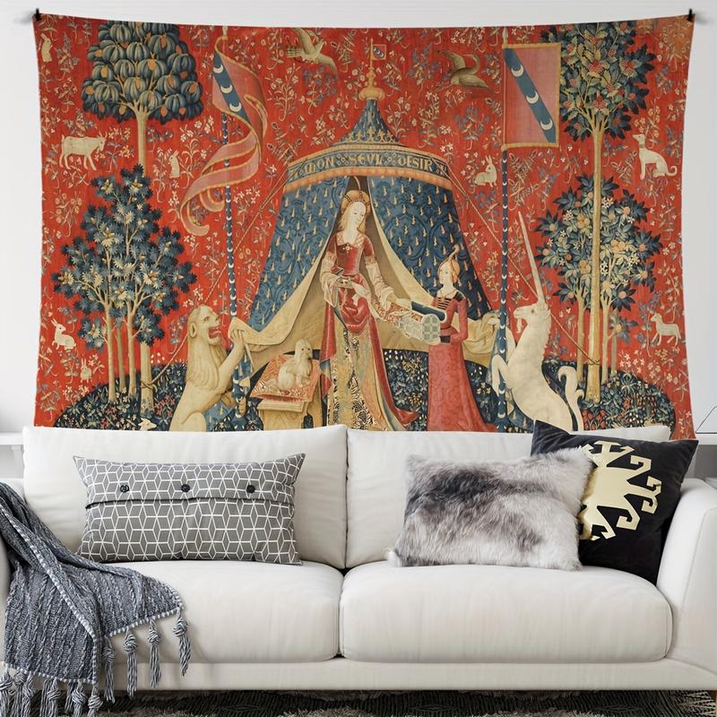 Medieval Lady & Unicorn Tapestry - European Royal-Inspired Wall Hanging For Living Room, Bedroom Decor - Polyester, Indoor Use