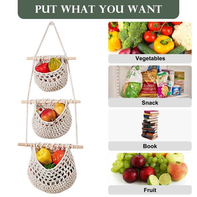 Boho Style Hanging Basket, 3 Layer Wall Hanging Basket, Wall Mounted Storage Basket for Fruit & Vegetable, Home Organizer for Bedroom, Living Room, Kitchen