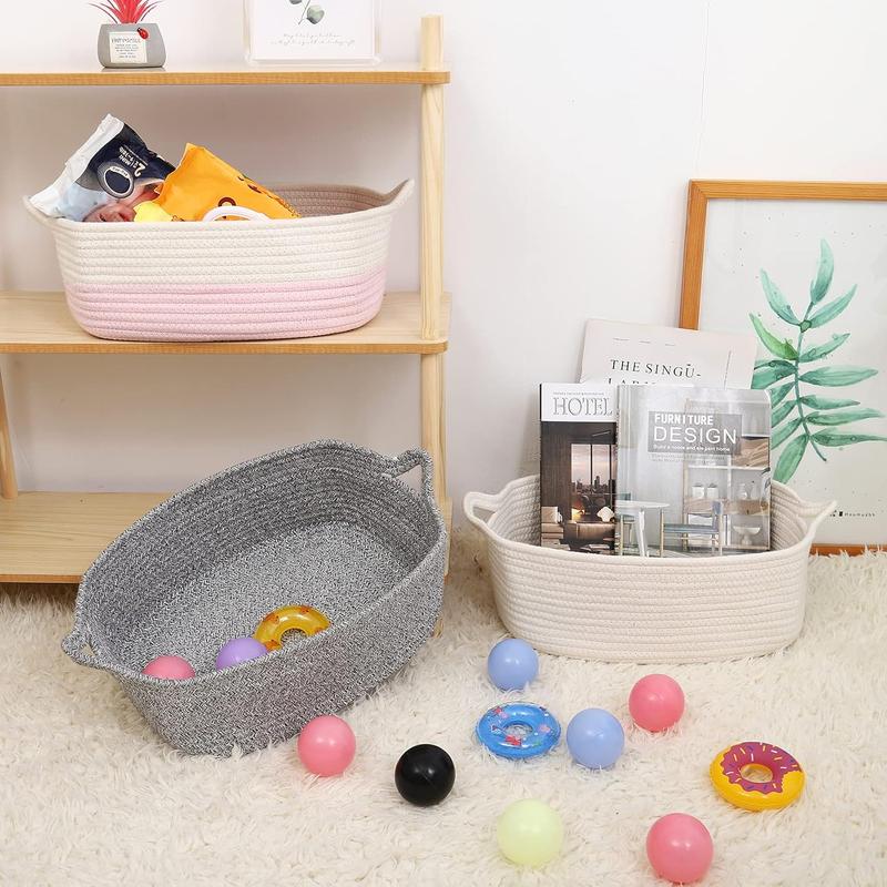 Rope Basket, Small Storage Gift Basket, Rectangle Under Shelf Basket, Decorative Boho White Rope Woven Basket with Handle for    Egg Fruit Snack Towel Easter