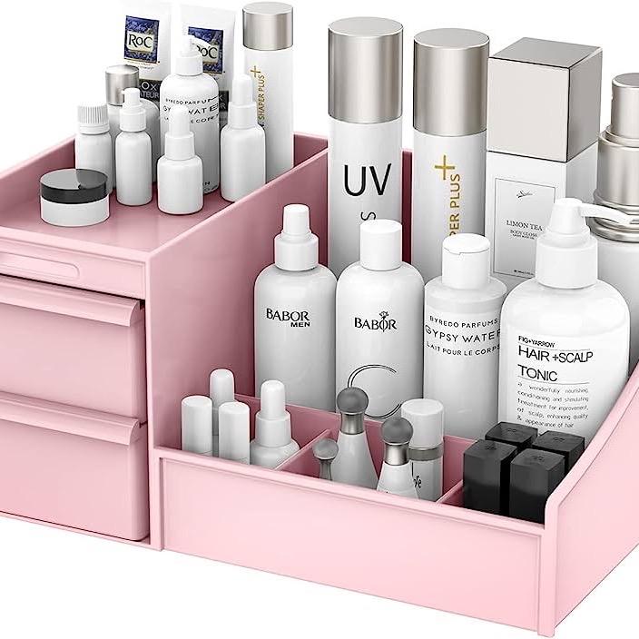 Makeup Desk Cosmetic Storage Box Organizer with Drawers for Dressing Table, Vanity Countertop, Bathroom Counter, Elegant Vanity Holder for Brushes, Eyeshadow, Lotions, Lipstick and Nail Polish Gift Slide