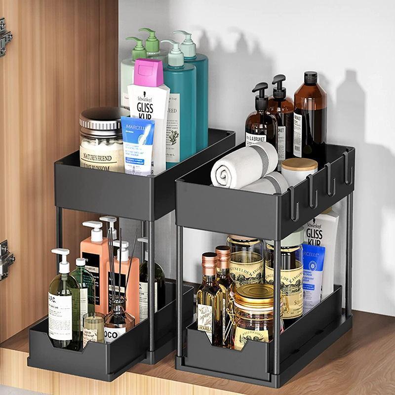 Under Sink Cabinet Basket Organizer, 2 Sets Including Under Sink Shelf Organizer with Hooks & Hanging Cup & Dividers & Handles, Multi-purpose Under Sink Storage Rack