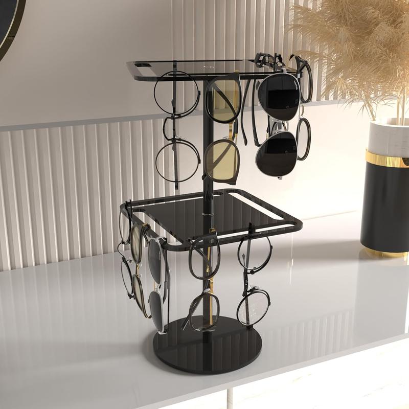 360° Rotating  Sunglasses & Eyeglasses Display Rack - Double-Tier Black Tabletop Organizer for Eyewear