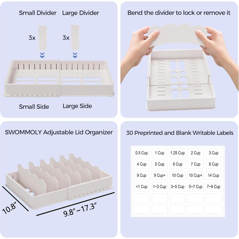 Expandable Food Storage Container Lid Organizer, Includes 6 Adjustable Dividers, 30 Preprinted and Blank Writable Labels, White Kitchen Utensils