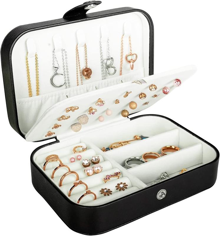 Compact Travel Jewelry Box, Elegant PU Leather Organizer for Women and Girls. This Portable Mini Case is Perfect for Storing and Displaying Stud Earrings, Rings, Necklaces, and Bracelets while on the go