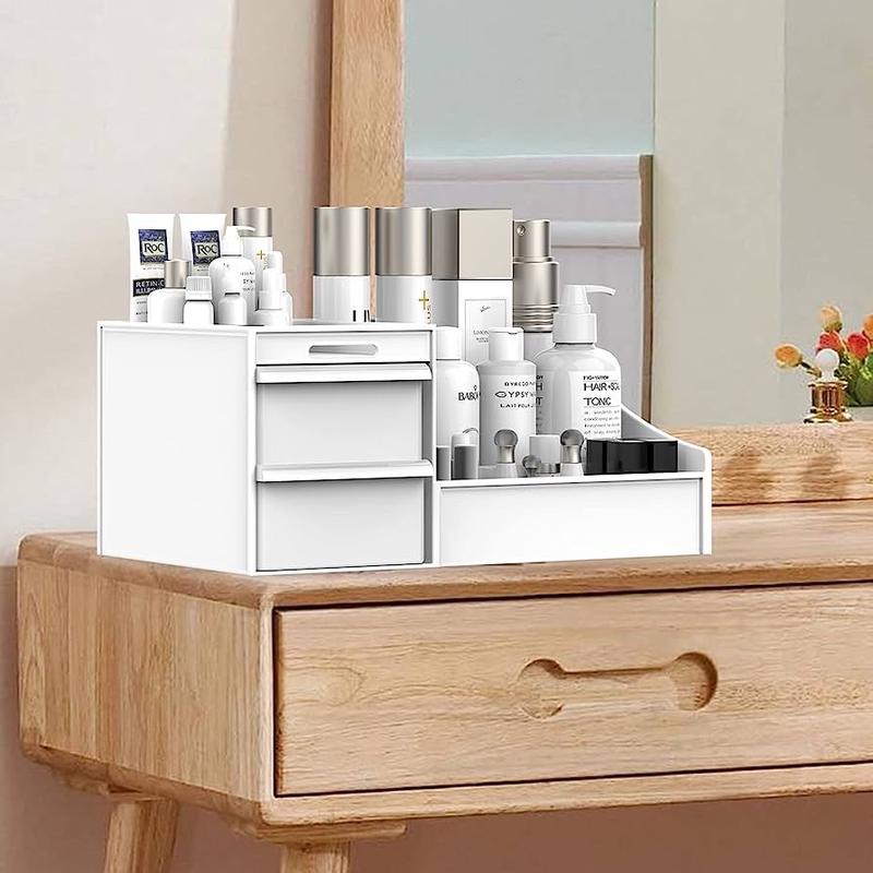 Makeup Desk Cosmetic Storage Box Organizer with Drawers for Dressing Table, Vanity Countertop, Bathroom Counter, Elegant Vanity Holder for Brushes, Eyeshadow, Lotions, Lipstick and Nail Polish Gift Slide