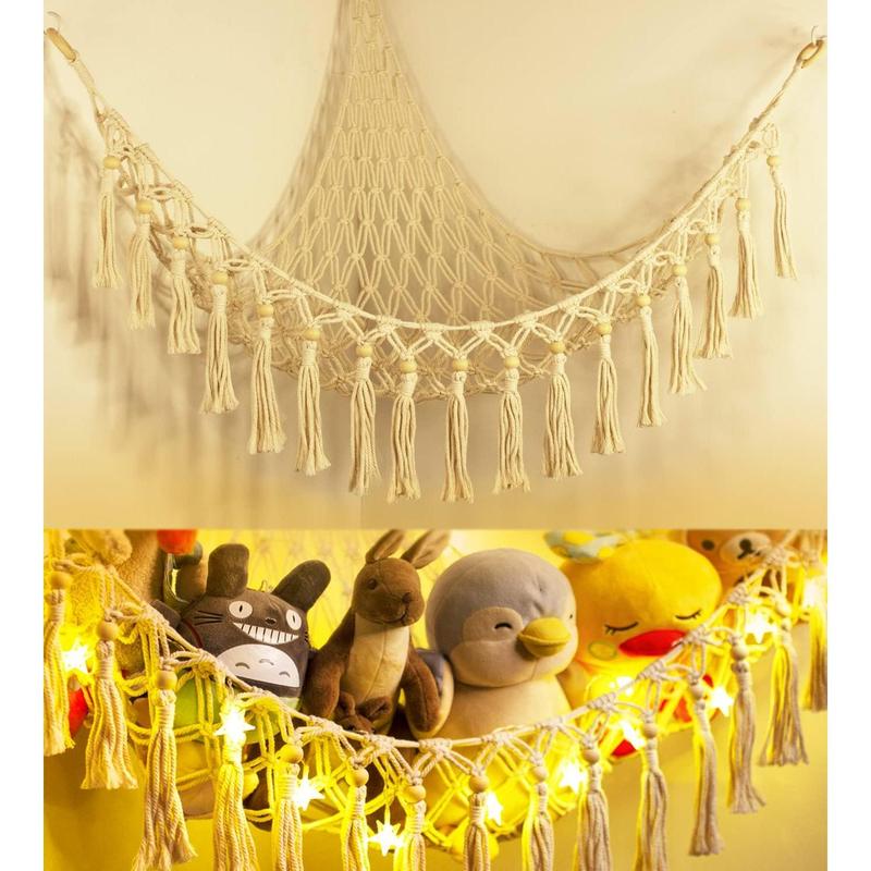 Stuffed Animal Toy Storage Hammock with LED Light - Macrame Jumbo Doll Corner Stuff Animals Organizer Decorations - Cute Hanging Plushie Net  Nursery Bedroom Room Decor Wall Boho Mount Ornaments Hangable Star