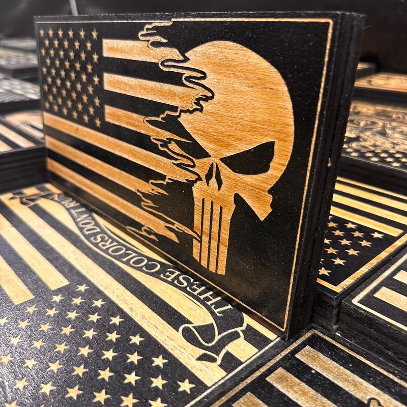 Wood engraved sign American flag with the punisher design Decor Gift