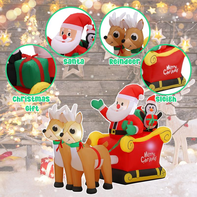 SUNGIFT Christmas Inflatable Santa Sleigh and Reindeer with Build-in LED for Xmas Party Yard Garden Lawn Décor Ornaments Decoration