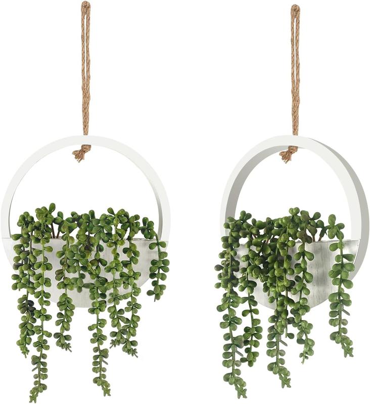 2 Pcs Artificial Hanging Succulents Plants, Faux String of Pearls Plants in Pot with a Lanyard, Hanging Fake Succulent Plants for Bedroom, Small Wall, Living Room Decor