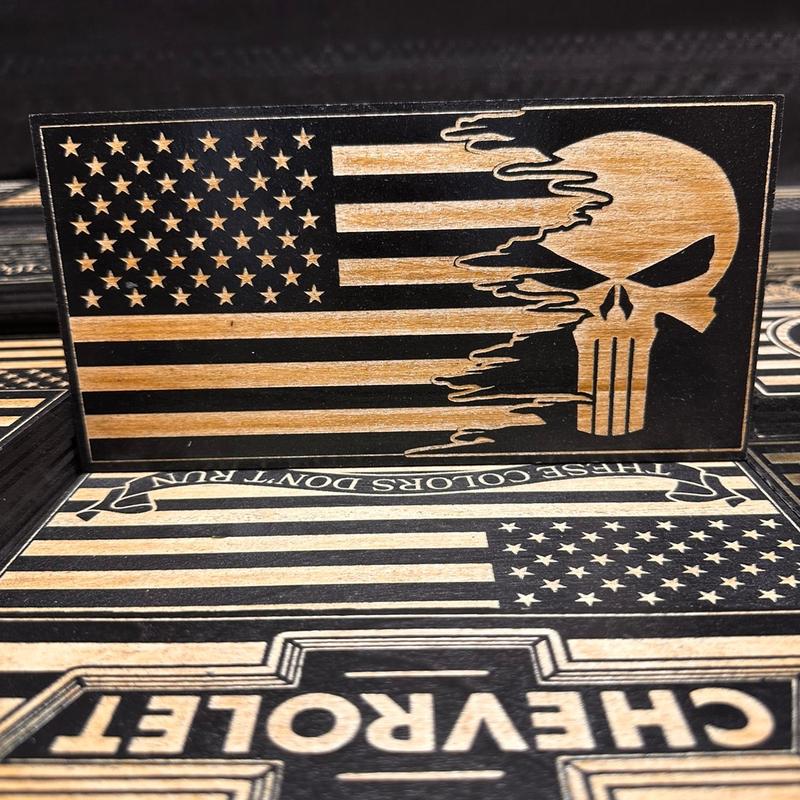 Wood engraved sign American flag with the punisher design Decor Gift