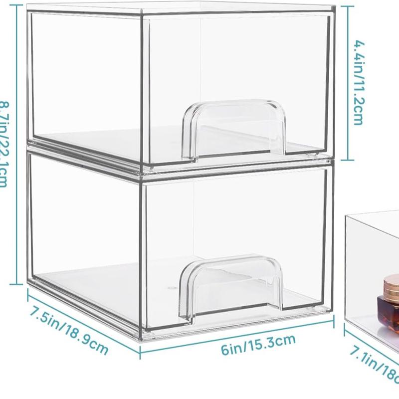 4 Pack Clear Stackable Storage Drawers, 4.4'' Tall Acrylic Bathroom Makeup Organizer Boxes Household Kitchen Plastic