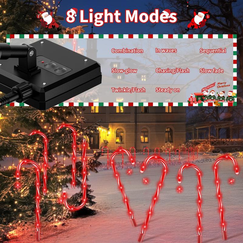 BITPOTT 20 Pack Christmas Solar Candy Cane Lights, 4x4 Solar Panel, 160 Bright Red LEDs, Solar & Plug-in, 8 Modes, IP65 Waterproof, 2024 Christmas Ornaments Outdoor & Indoor Pathway Lights, Garden Yard Decorations