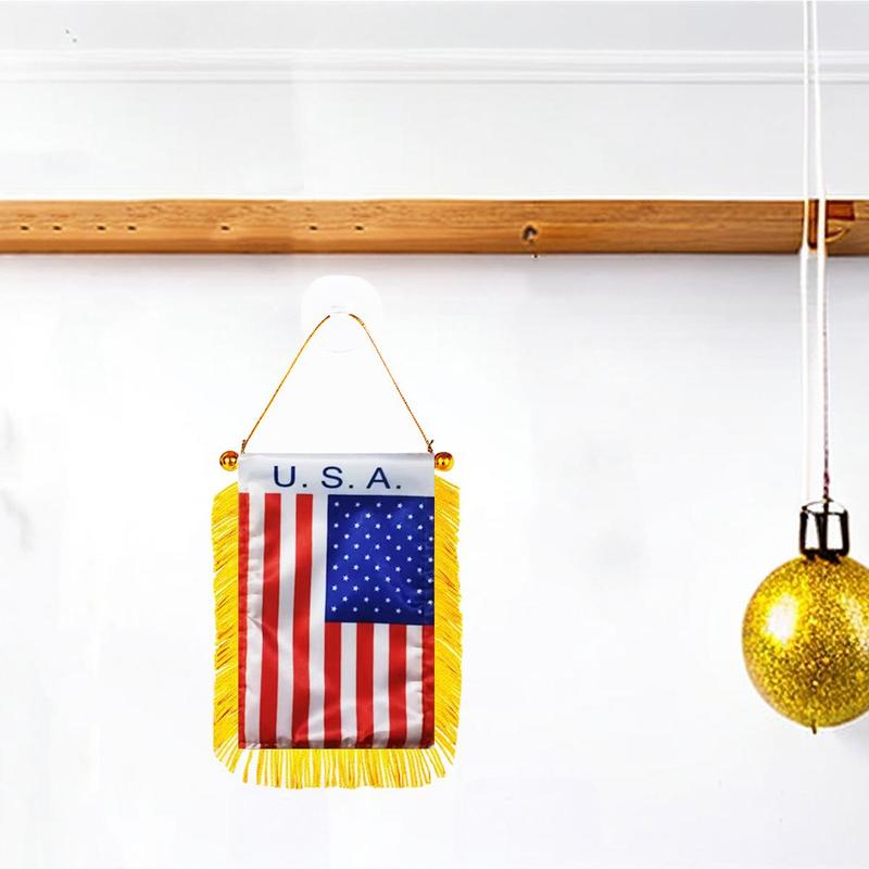 USA Window Hanging Flag, 3x4inch 8x12cm Double Sided Mini American Flag Banner, Car Rearview Mirror Hanging Decor, US Fringed Hanging Flag with Suction Cup