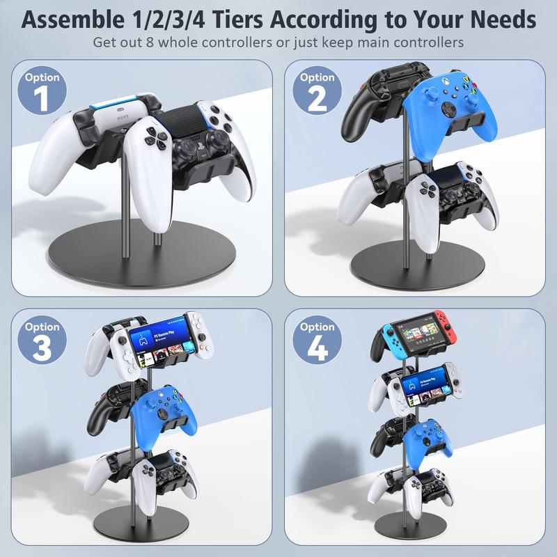 4 Tiers Controller Stand with Cable Organizer, 1 Count Universal Controller Display Stand, Headset Holder & Desk Mounts for 8 Controller