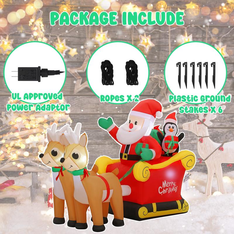 SUNGIFT Christmas Inflatable Santa Sleigh and Reindeer with Build-in LED for Xmas Party Yard Garden Lawn Décor Ornaments Decoration