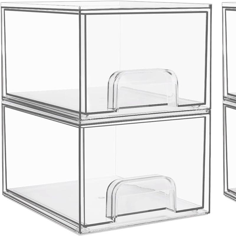 4 Pack Clear Stackable Storage Drawers, 4.4'' Tall Acrylic Bathroom Makeup Organizer Boxes Household Kitchen Plastic