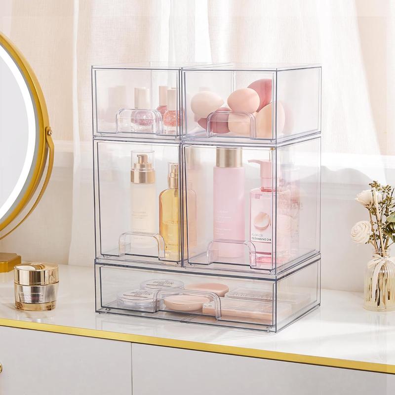 4 Pack Clear Stackable Storage Drawers, 4.4'' Tall Acrylic Bathroom Makeup Organizer Boxes Household Kitchen Plastic