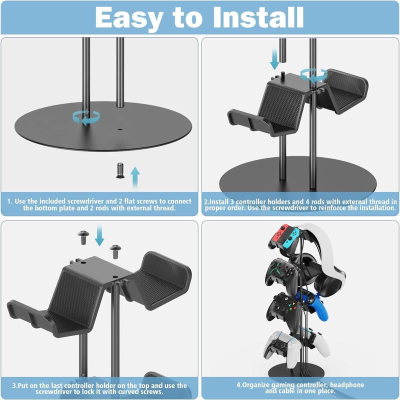 4 Tiers Controller Stand with Cable Organizer, 1 Count Universal Controller Display Stand, Headset Holder & Desk Mounts for 8 Controller