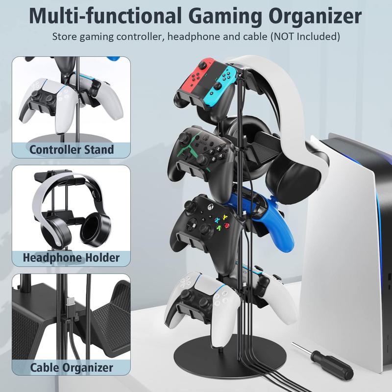 4 Tiers Controller Stand with Cable Organizer, 1 Count Universal Controller Display Stand, Headset Holder & Desk Mounts for 8 Controller