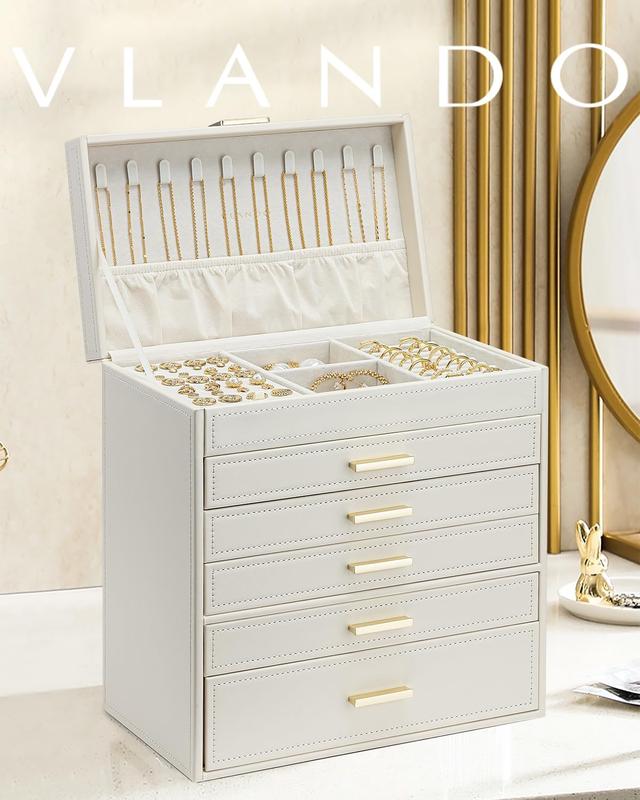 VLANDO 6 Layer Large Jewelry Box - Jewelry Holder Organizer for Drawer Necklace Ring Bracelet and Watch, Christmas Gift for Loved Ones, Home Storage