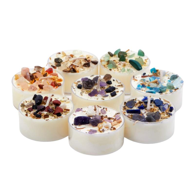 Mixed 8 pack of Chakra Candles tea light & Smudge - Chakra Candles with crystals and herbs - chakra candles set of 7 - chakra candle set