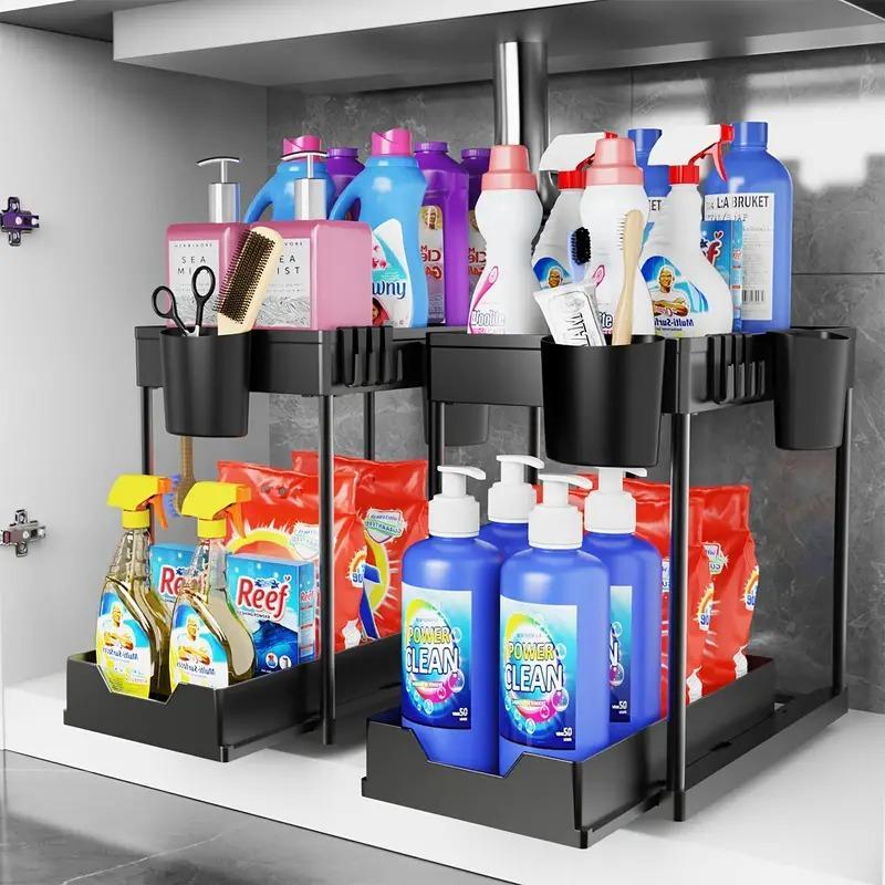 Under Sink Cabinet Basket Organizer, 2 Sets Including Under Sink Shelf Organizer with Hooks & Hanging Cup & Dividers & Handles, Multi-purpose Under Sink Storage Rack