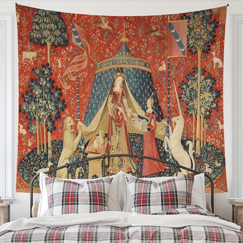 Medieval Lady & Unicorn Tapestry - European Royal-Inspired Wall Hanging For Living Room, Bedroom Decor - Polyester, Indoor Use