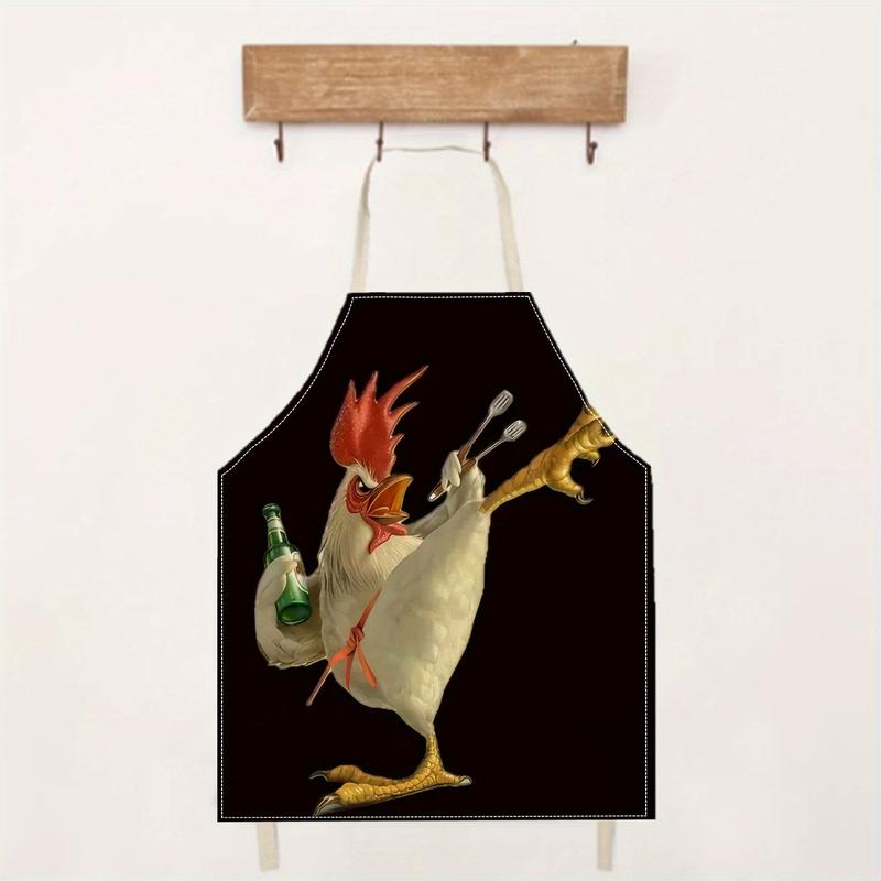 1 Piece Kung Fu Chicken Pattern Linen Fashion Apron Home Cleaning Kitchen Cooking Household