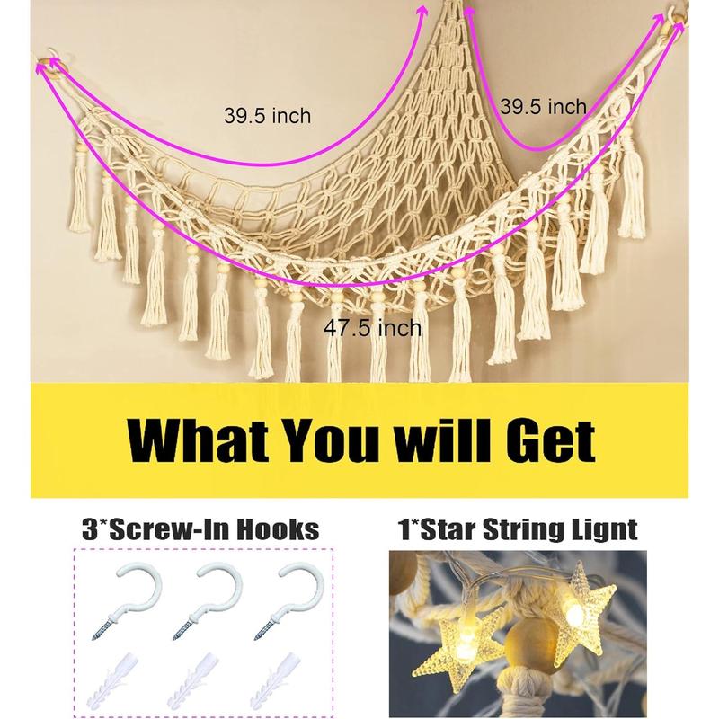 Stuffed Animal Toy Storage Hammock with LED Light - Macrame Jumbo Doll Corner Stuff Animals Organizer Decorations - Cute Hanging Plushie Net  Nursery Bedroom Room Decor Wall Boho Mount Ornaments Hangable Star