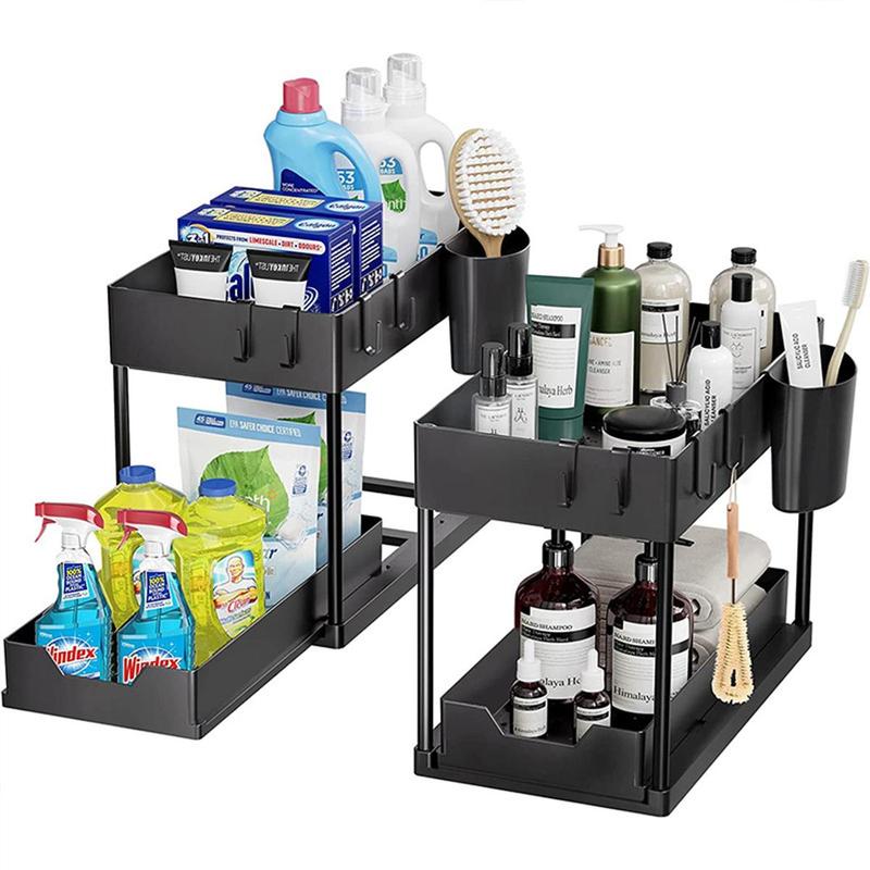 Under Sink Cabinet Basket Organizer, 2 Sets Including Under Sink Shelf Organizer with Hooks & Hanging Cup & Dividers & Handles, Multi-purpose Under Sink Storage Rack