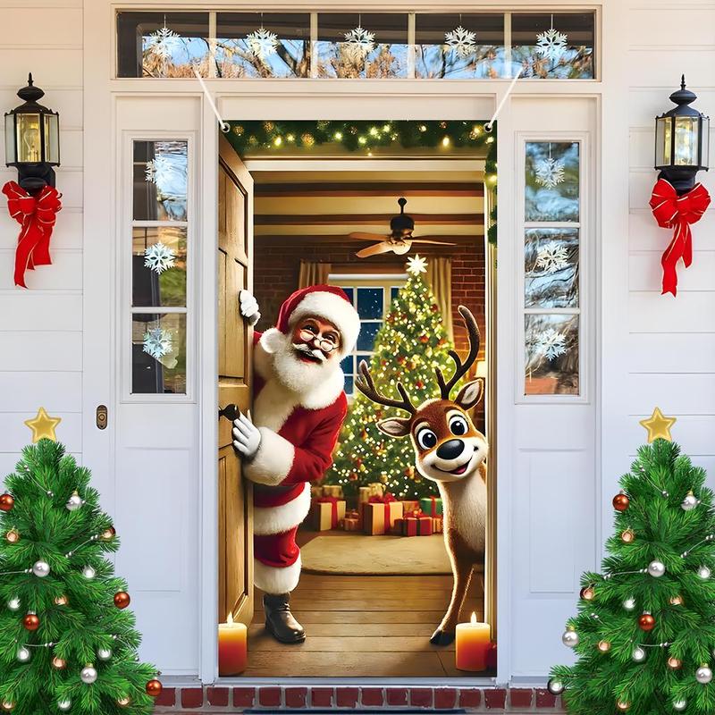 Christmas Themed Door Banner, 1 Count Santa Claus & Reindeer Pattern Door Hanging Banner, Festive & Party Supplies for Home Living Room Bedroom