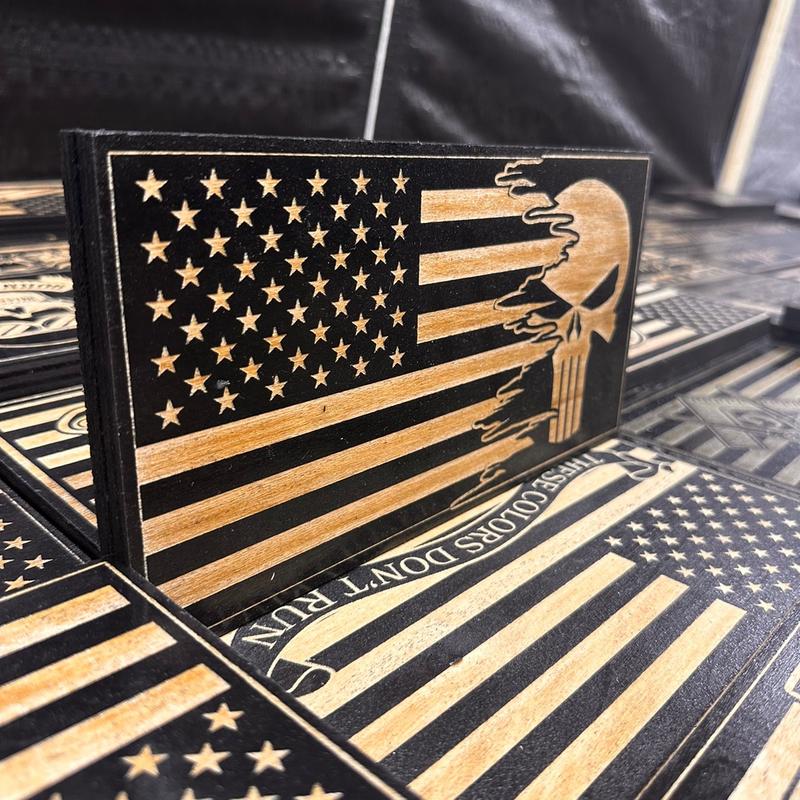 Wood engraved sign American flag with the punisher design Decor Gift