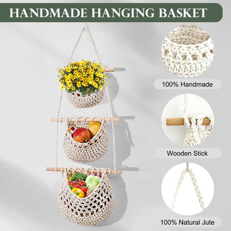 Boho Style Hanging Basket, 3 Layer Wall Hanging Basket, Wall Mounted Storage Basket for Fruit & Vegetable, Home Organizer for Bedroom, Living Room, Kitchen