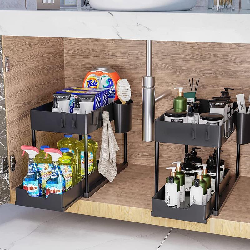 Under Sink Cabinet Basket Organizer, 2 Sets Including Under Sink Shelf Organizer with Hooks & Hanging Cup & Dividers & Handles, Multi-purpose Under Sink Storage Rack