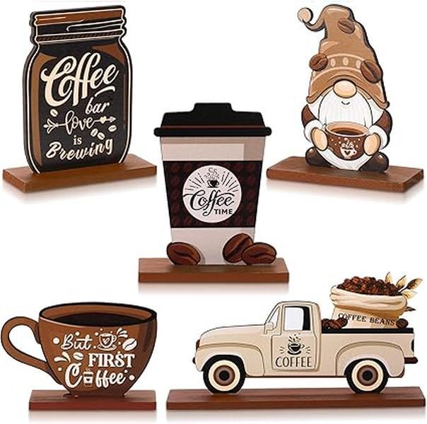 5 Pieces Coffee Bar Decor Sign Farmhouse Coffee Bar Wood Signs Rustic Coffee Wooden Table Centerpiece Coffee Tiered Tray Decoration  Table Signs for Home Kitchen Coffee Station Decorations