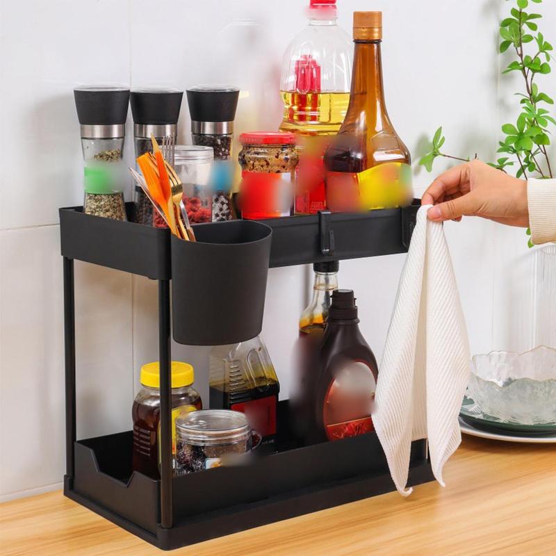 Under Sink Cabinet Basket Organizer, 2 Sets Including Under Sink Shelf Organizer with Hooks & Hanging Cup & Dividers & Handles, Multi-purpose Under Sink Storage Rack