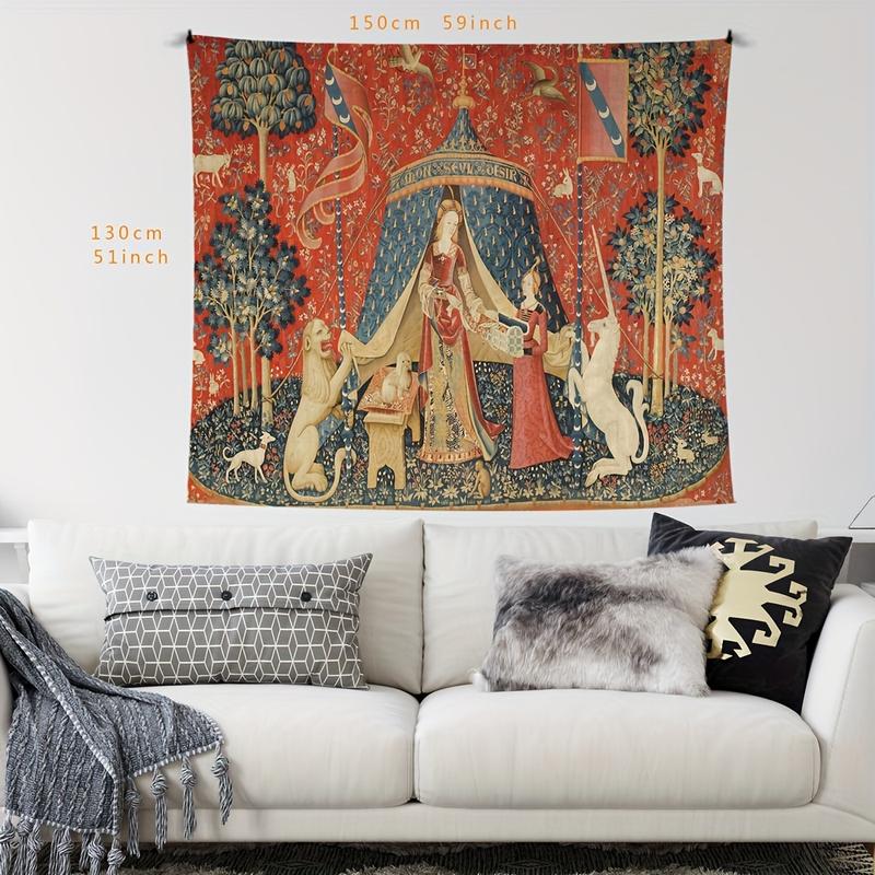 Medieval Lady & Unicorn Tapestry - European Royal-Inspired Wall Hanging For Living Room, Bedroom Decor - Polyester, Indoor Use