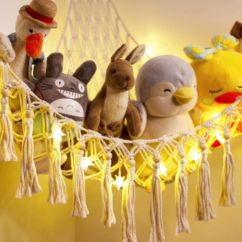 Stuffed Animal Toy Storage Hammock with LED Light - Macrame Jumbo Doll Corner Stuff Animals Organizer Decorations - Cute Hanging Plushie Net  Nursery Bedroom Room Decor Wall Boho Mount Ornaments Hangable Star