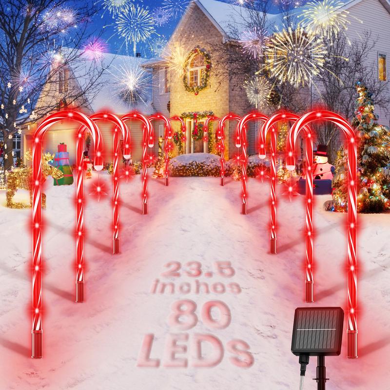 BITPOTT 20 Pack Christmas Solar Candy Cane Lights, 4x4 Solar Panel, 160 Bright Red LEDs, Solar & Plug-in, 8 Modes, IP65 Waterproof, 2024 Christmas Ornaments Outdoor & Indoor Pathway Lights, Garden Yard Decorations