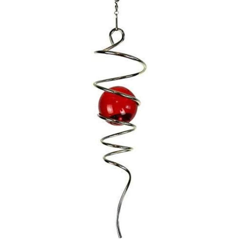 Gazing Ball Stainless Steel Spiral Tail-Decorative Wind Spinner, with Hanging Swivel Hook, Indoor Outdoor Decoration Silver Red -13 inch Height