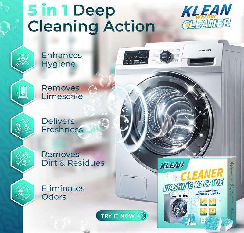 KLEAN Washing Machine Cleaner  Cleaning Tablets For HE Front Loader & Top Load Washer  Septic Safe Eco-Friendly Deodorizer Clean Inside Drum And Laundry Tub Seal - 10 Month Supply 20 Pack Wipes Household Brush