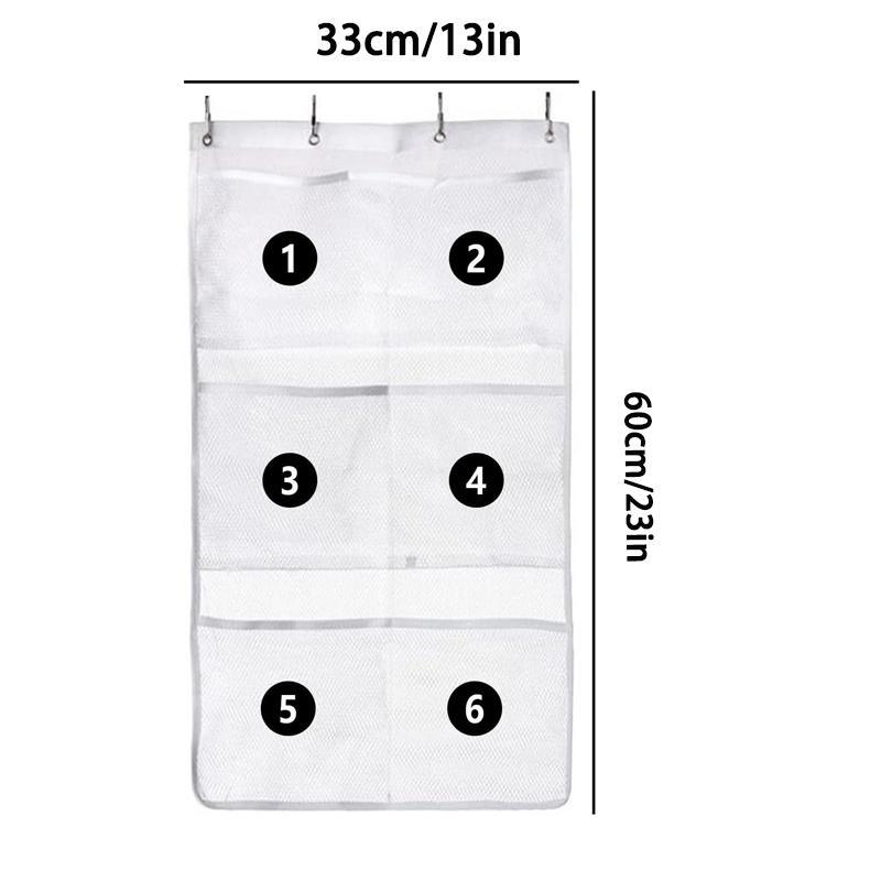 Hanging Shower Storage Bag, 6 Pockets Design Mesh Shower Storage Bag with 4 Hooks, Bathroom Storage Organizer, Home Organizer