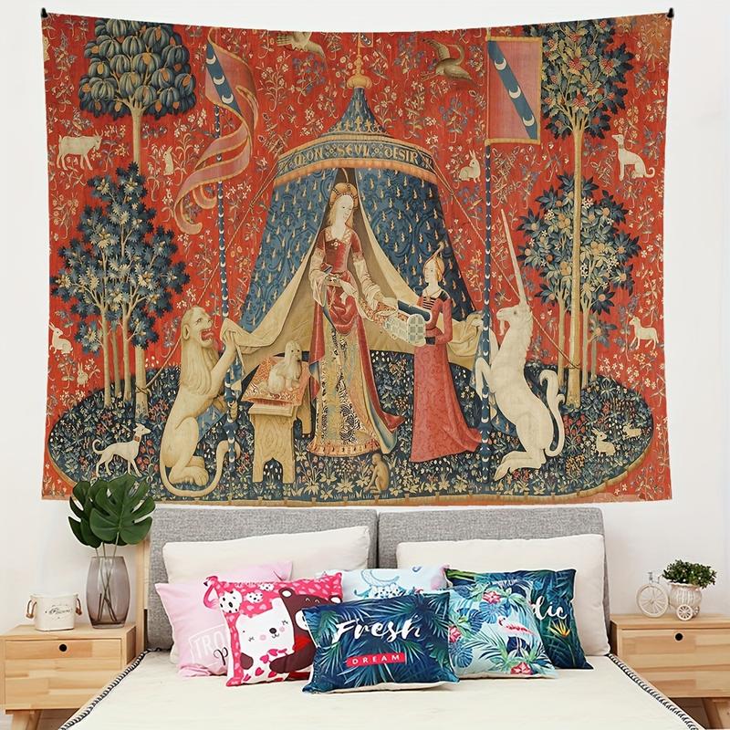 Medieval Lady & Unicorn Tapestry - European Royal-Inspired Wall Hanging For Living Room, Bedroom Decor - Polyester, Indoor Use