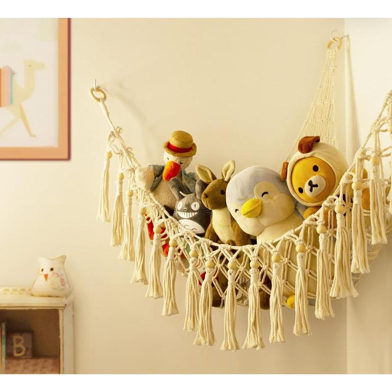 Stuffed Animal Toy Storage Hammock with LED Light - Macrame Jumbo Doll Corner Stuff Animals Organizer Decorations - Cute Hanging Plushie Net  Nursery Bedroom Room Decor Wall Boho Mount Ornaments Hangable Star