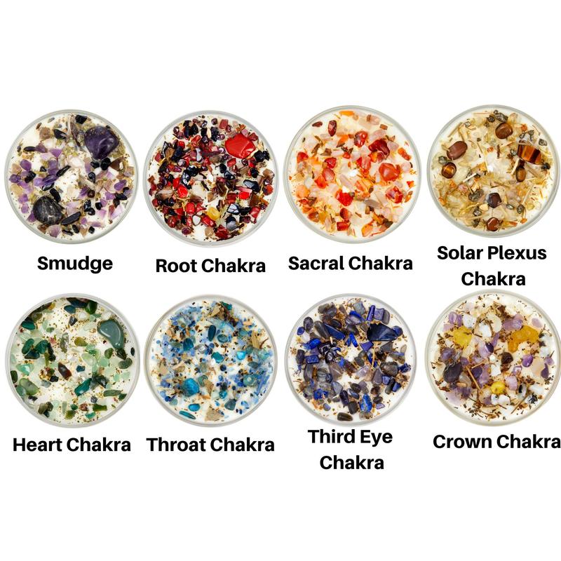 Mixed 8 pack of Chakra Candles tea light & Smudge - Chakra Candles with crystals and herbs - chakra candles set of 7 - chakra candle set