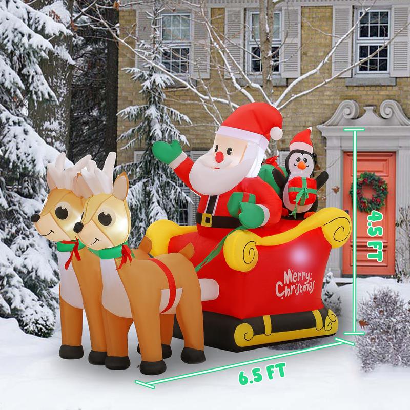 SUNGIFT Christmas Inflatable Santa Sleigh and Reindeer with Build-in LED for Xmas Party Yard Garden Lawn Décor Ornaments Decoration