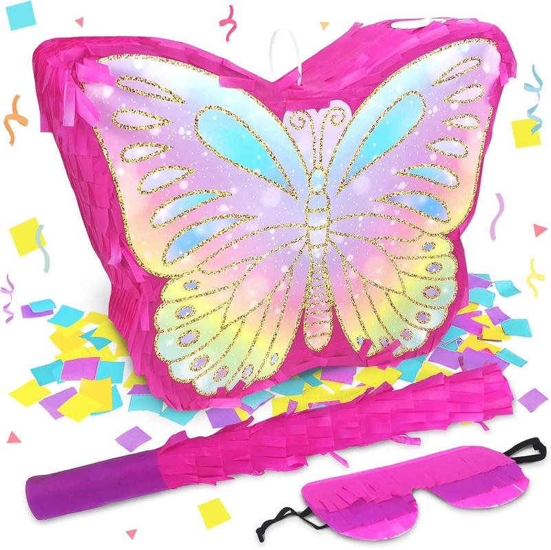 Butterfly Pinata for Birthday Party Supplies Colorful Butterfly Pinata with Stick and Blindfold Butterfly Themed Party Decoration, Small Pinata Party Supplies(16 x 12.6 x 4.2 In)