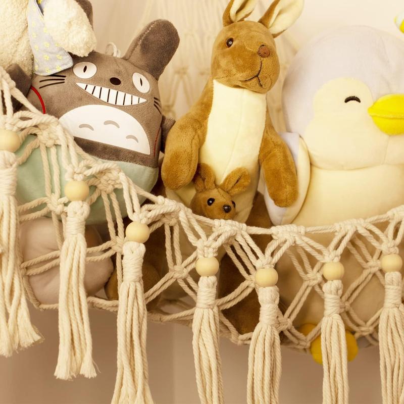 Stuffed Animal Toy Storage Hammock with LED Light - Macrame Jumbo Doll Corner Stuff Animals Organizer Decorations - Cute Hanging Plushie Net  Nursery Bedroom Room Decor Wall Boho Mount Ornaments Hangable Star